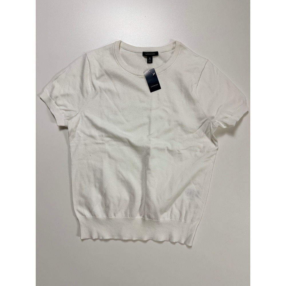 Lands End Girls White Short Sleeve Supima Cotton Jewelneck Sweater M 10-12 New